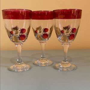 Vintage Set of 3 Bohemian Strawberry Cordial Glasses with Cranberry Flashing